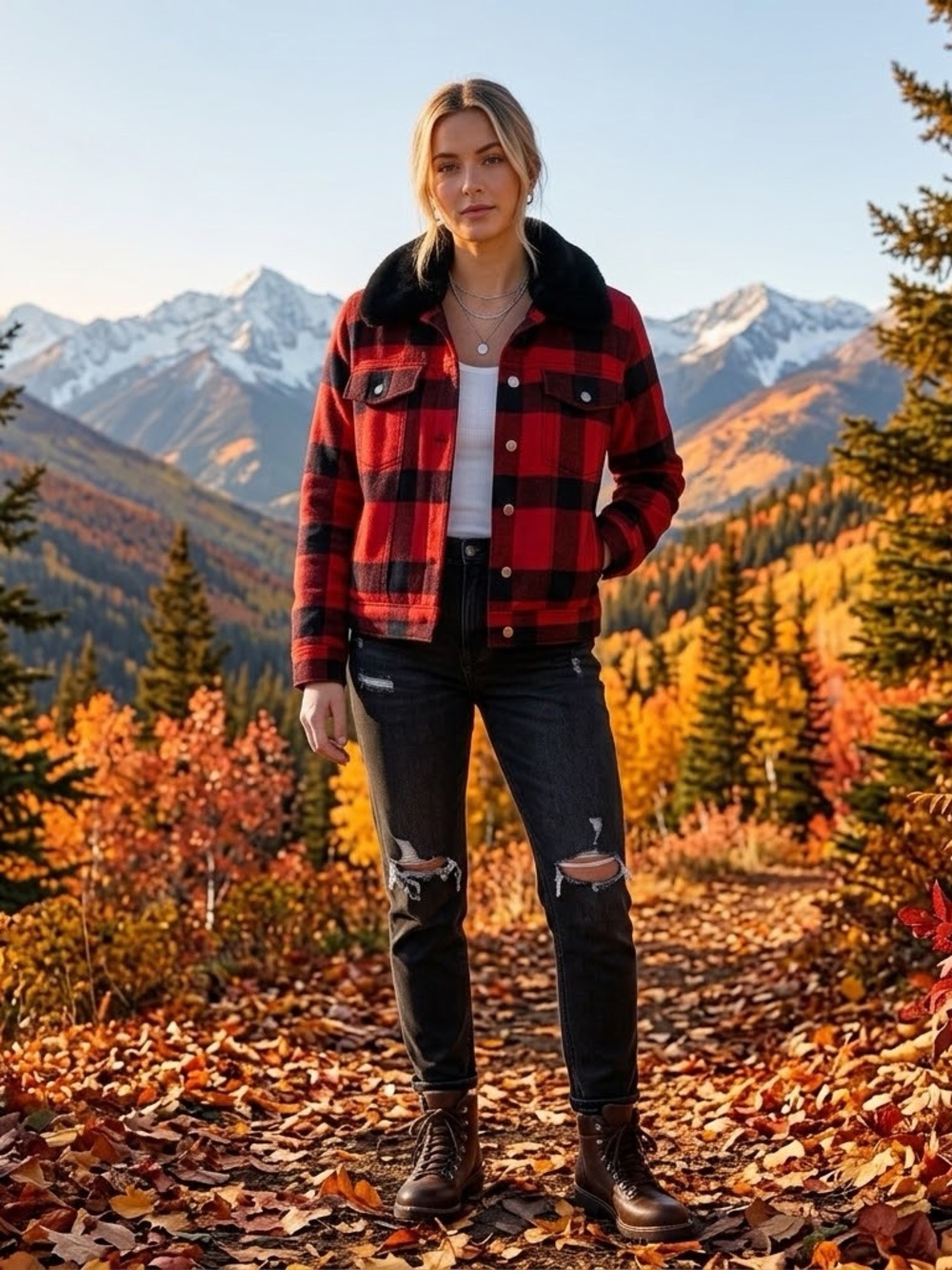 GAP Red & Black Plaid Sherpa-Collar Jean Jacket